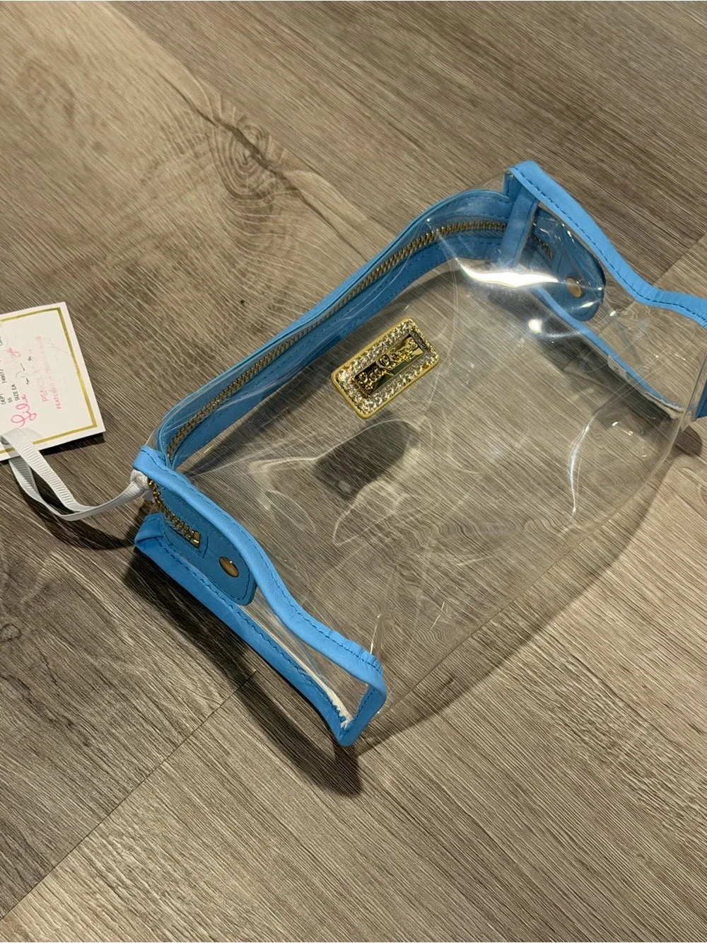 Lilly Pulitzer clear cosmetic pouch with light blue trim